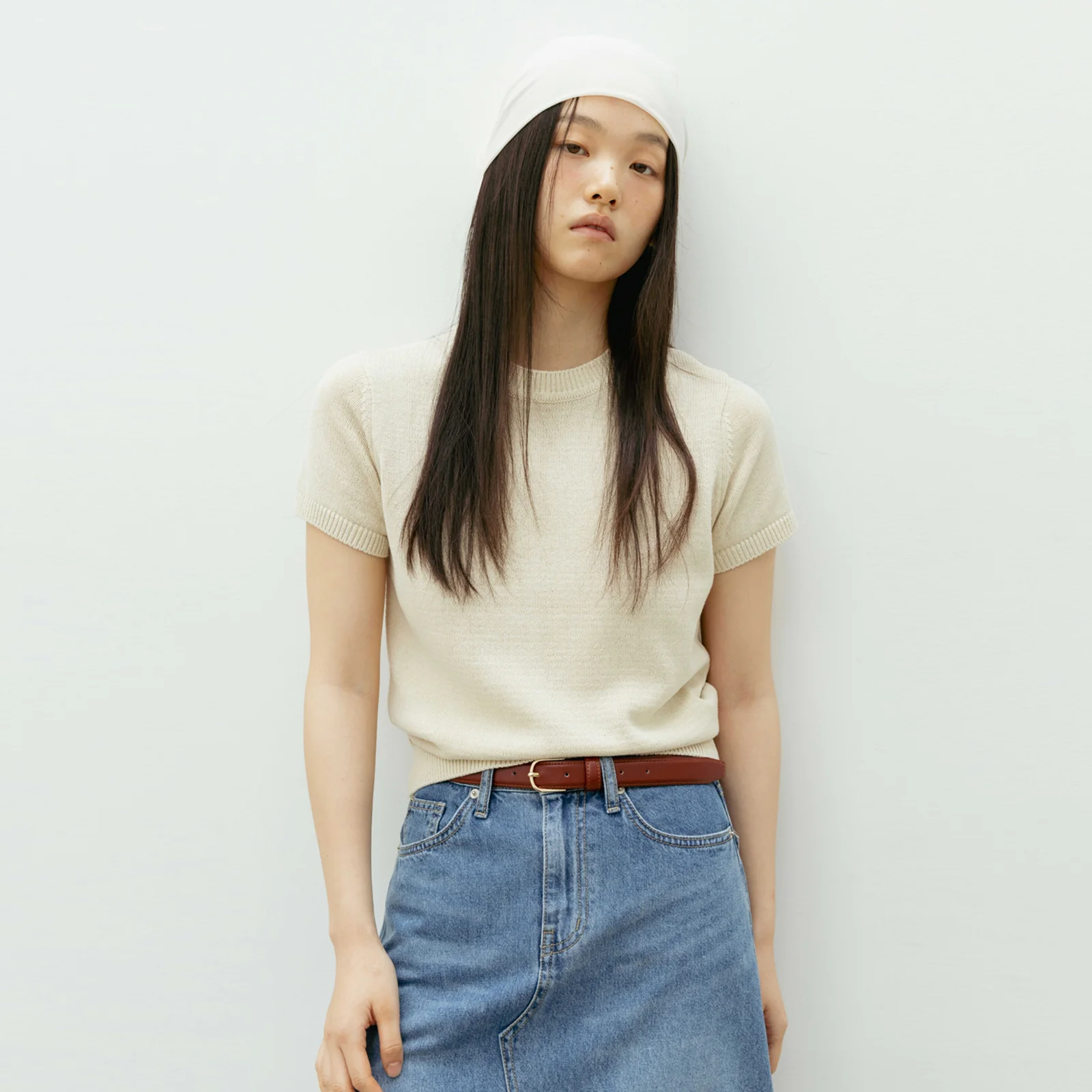 Cotton Half Sleeve Knit(Light Beige)