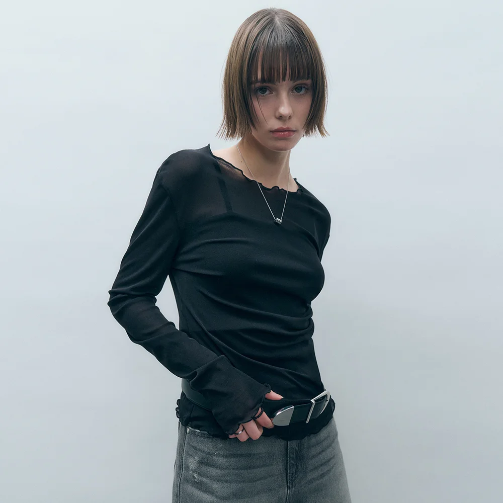 側邊 抽褶 網布 長袖 黑色 MDTS061BLACK