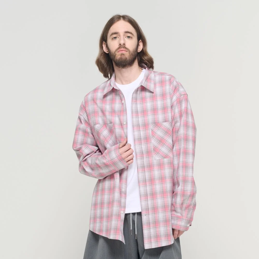 MULTI-POCKET OVER CHECK SHIRT (PINK)
