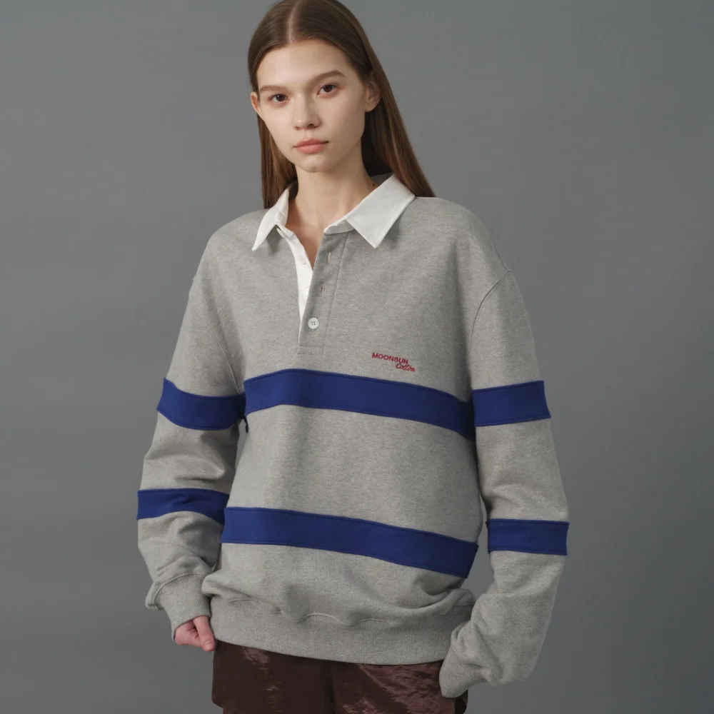MJ M.C UNISEX, Stripe Collar Sweatshirt / Melange Gray