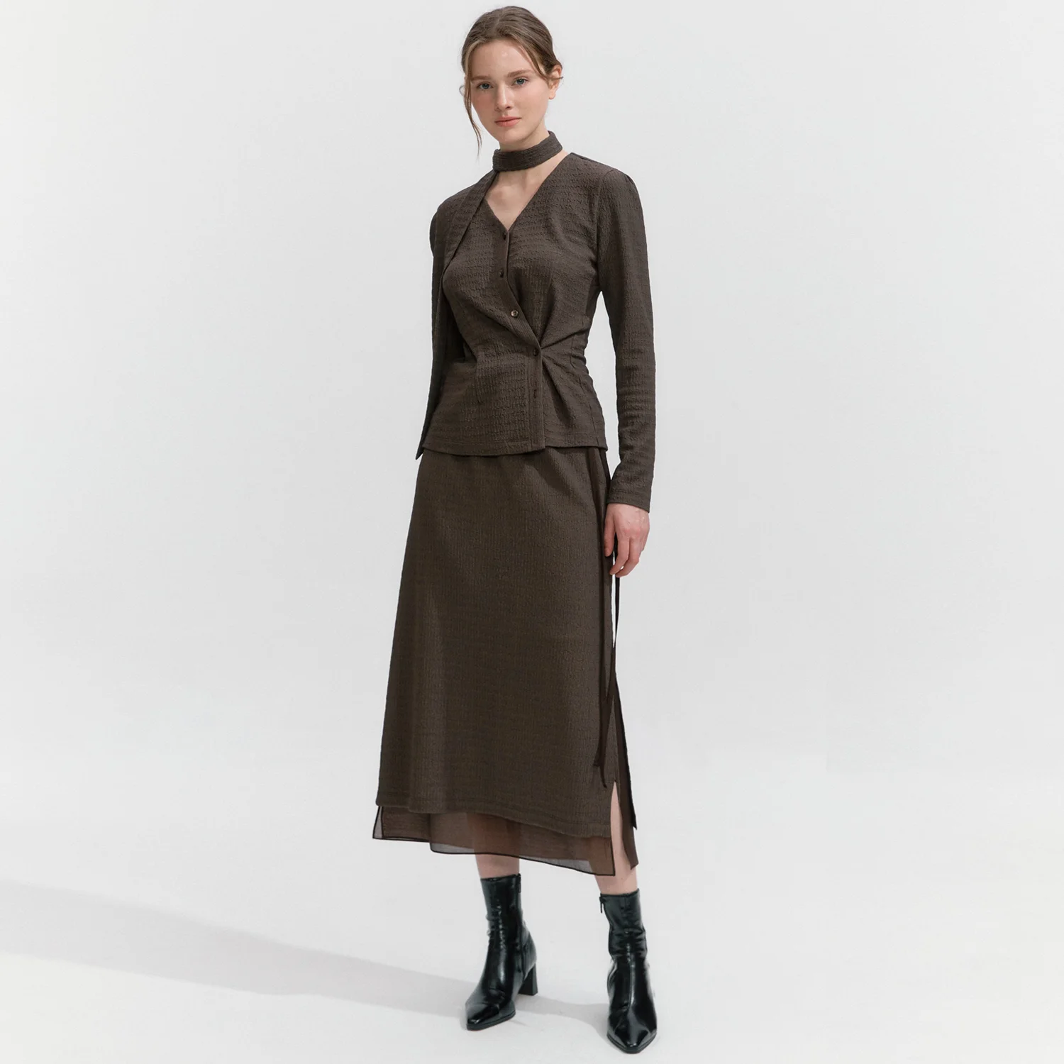See-Through Layered Banding Skirt BROWN