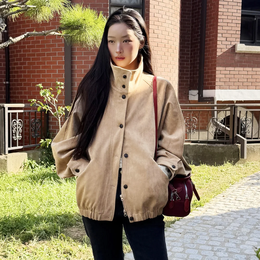 SIOT4213 麂皮 高領 短身外套_Beige
