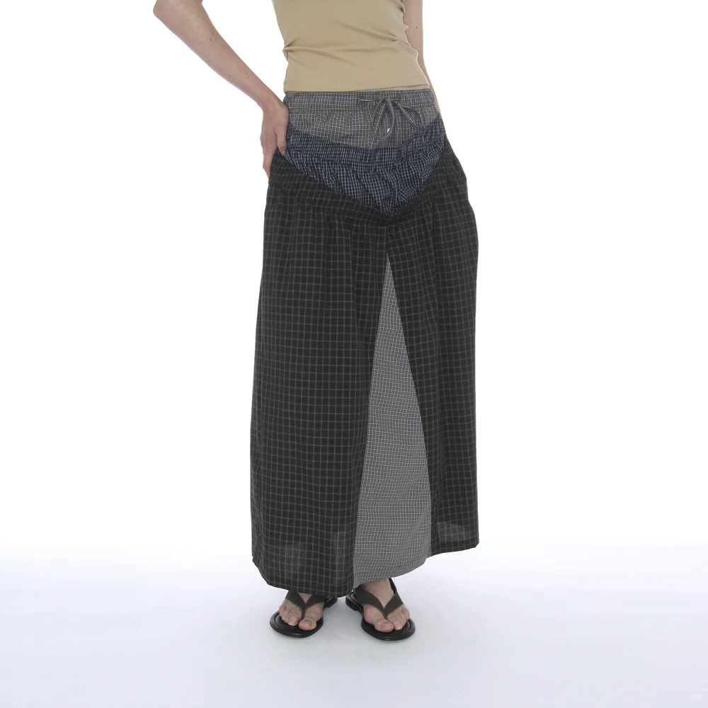 MULTI LAYERED MAXI SKIRT_GREY CHECK