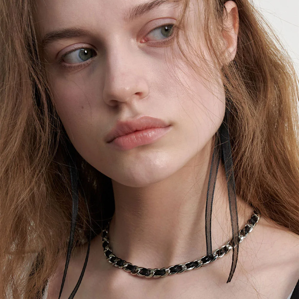 Sheer Long Ribbon Chain Necklace (L241MNK080)
