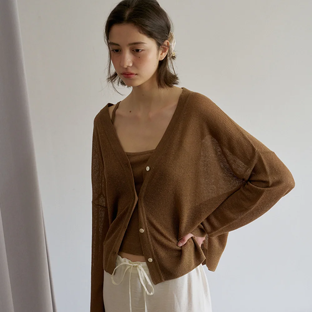 LINEN CARDIGAN&TOP SET_BROWN_OD1C2MCD10BRW