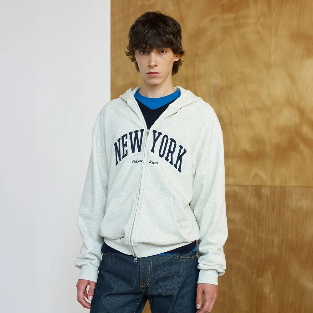 NEW YORK VARSITY ZIP UP SWEAT HOODIE (LIGHT HEATHER GRAY)