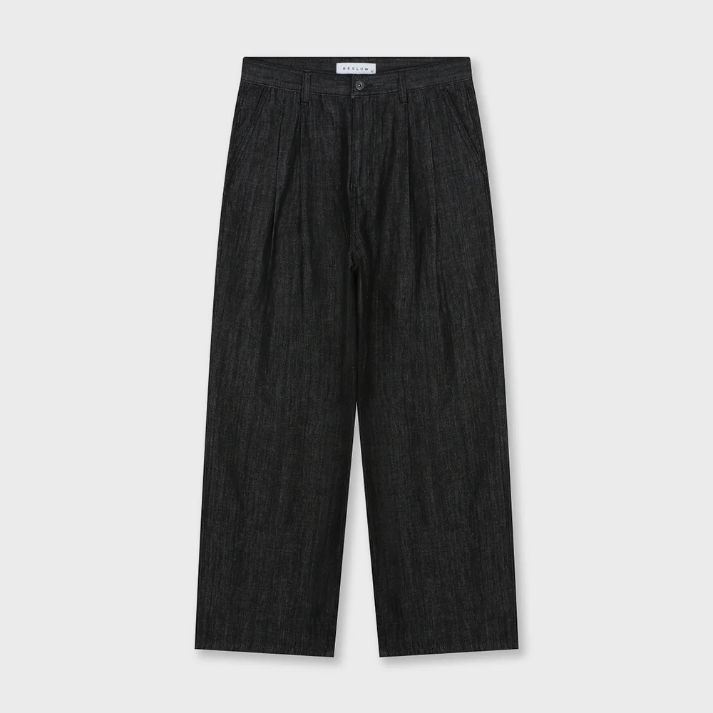 WIDE FIT TWO TUCK LINEN DENIM PANTS PURE BLACK