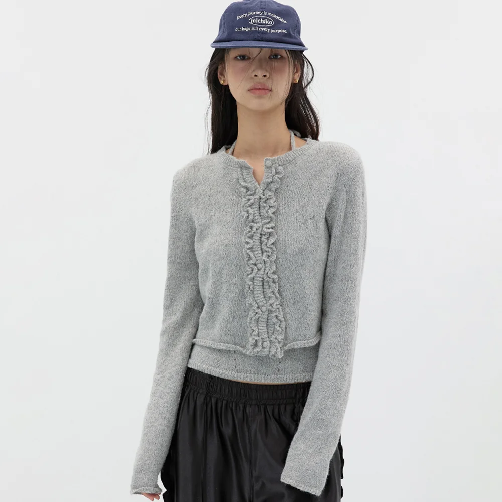 RUFFLE WOOL KNIT CARDIGAN SET MELANGE GREY