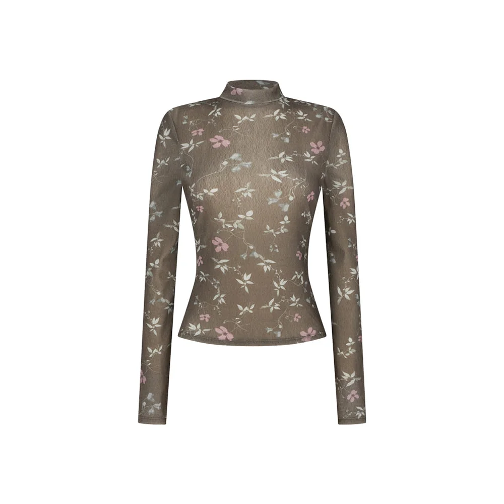 Floral mock neck top, Brown