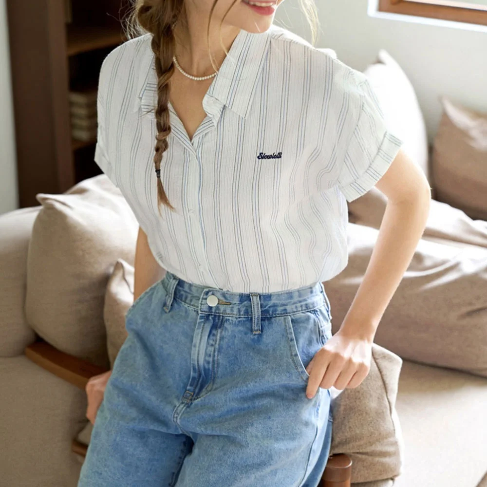 Contrast stripe short-sleeve shirt_2 Colors