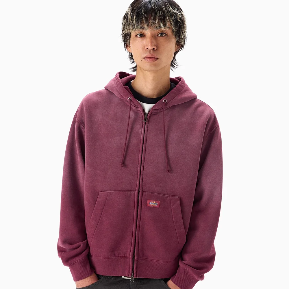 成衣 染色 半 短版 拉鏈 連帽衫 Burgundy