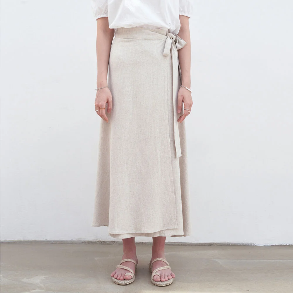 LINEN WRAP LONG SKIRT_BEIGE