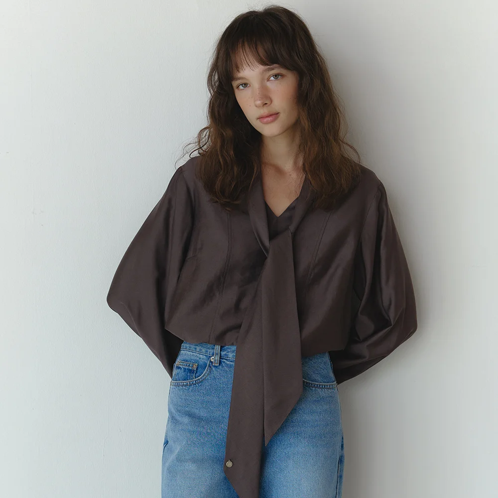 Draped tie blouse_brown (1/2size)