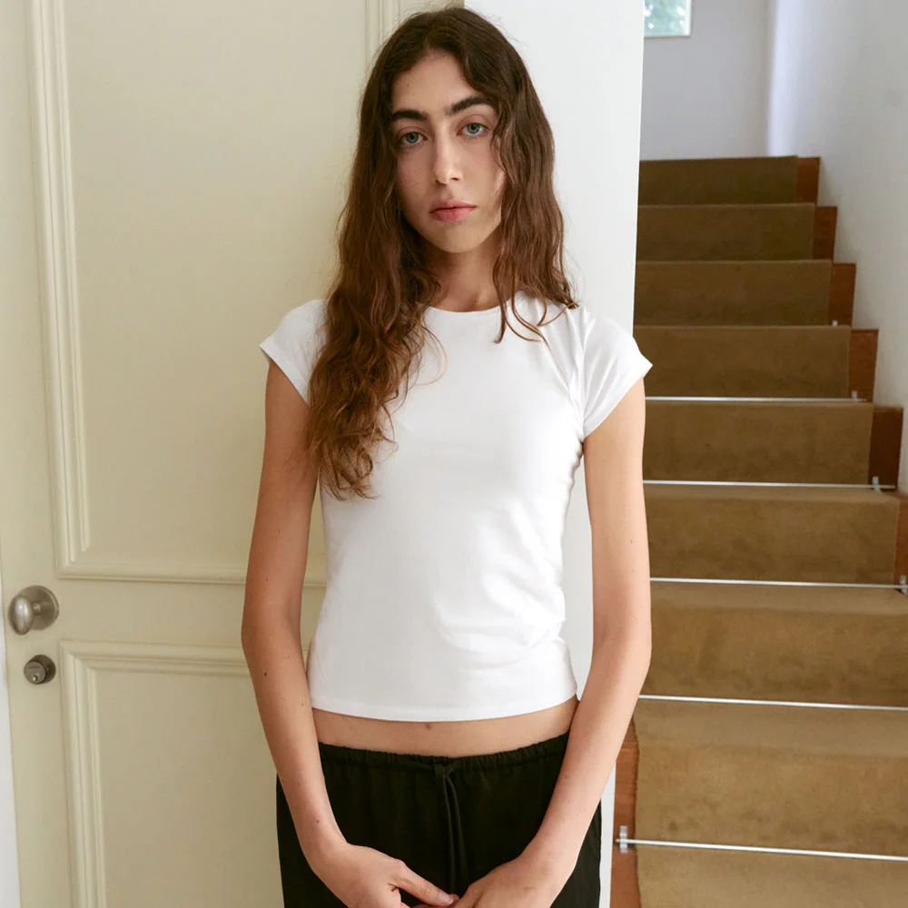 Cap Sleeve Slim T-Shirts (White)