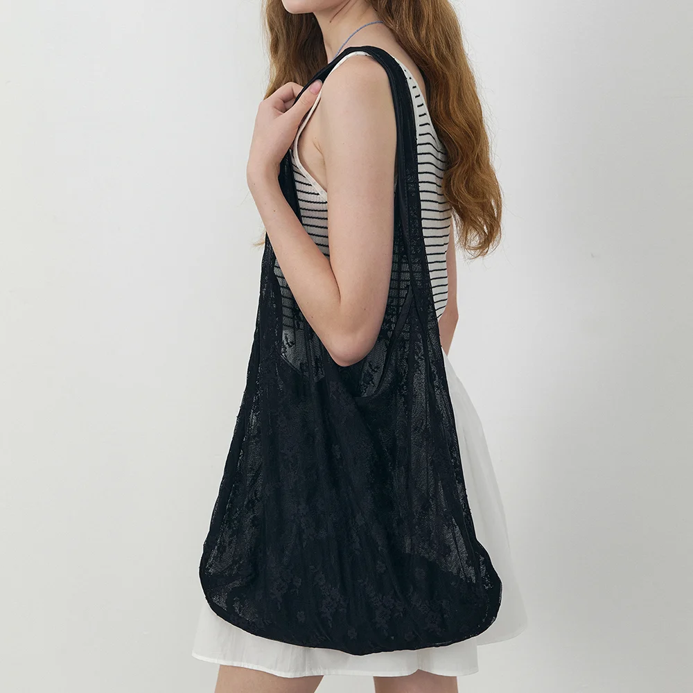 Lace layered shoulder eco bag_Black