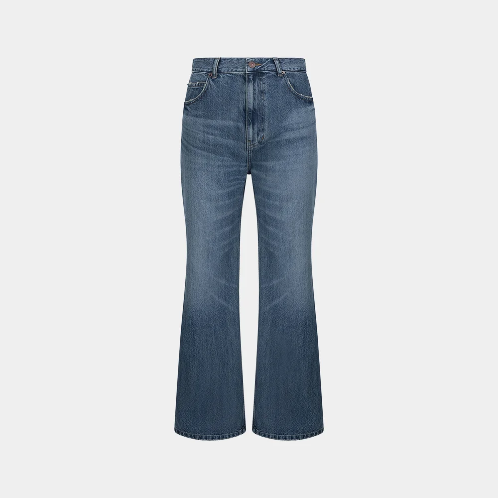 (W) WASHED DISTRESSED FLARED JEANS - BLUE