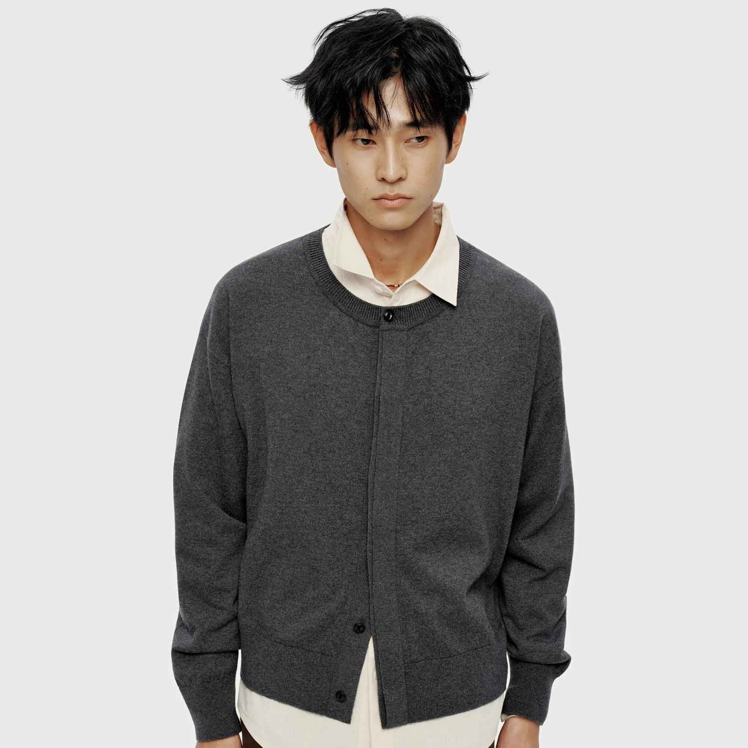 Hidden Button Round Neck Cardigan - Charcoal Grey