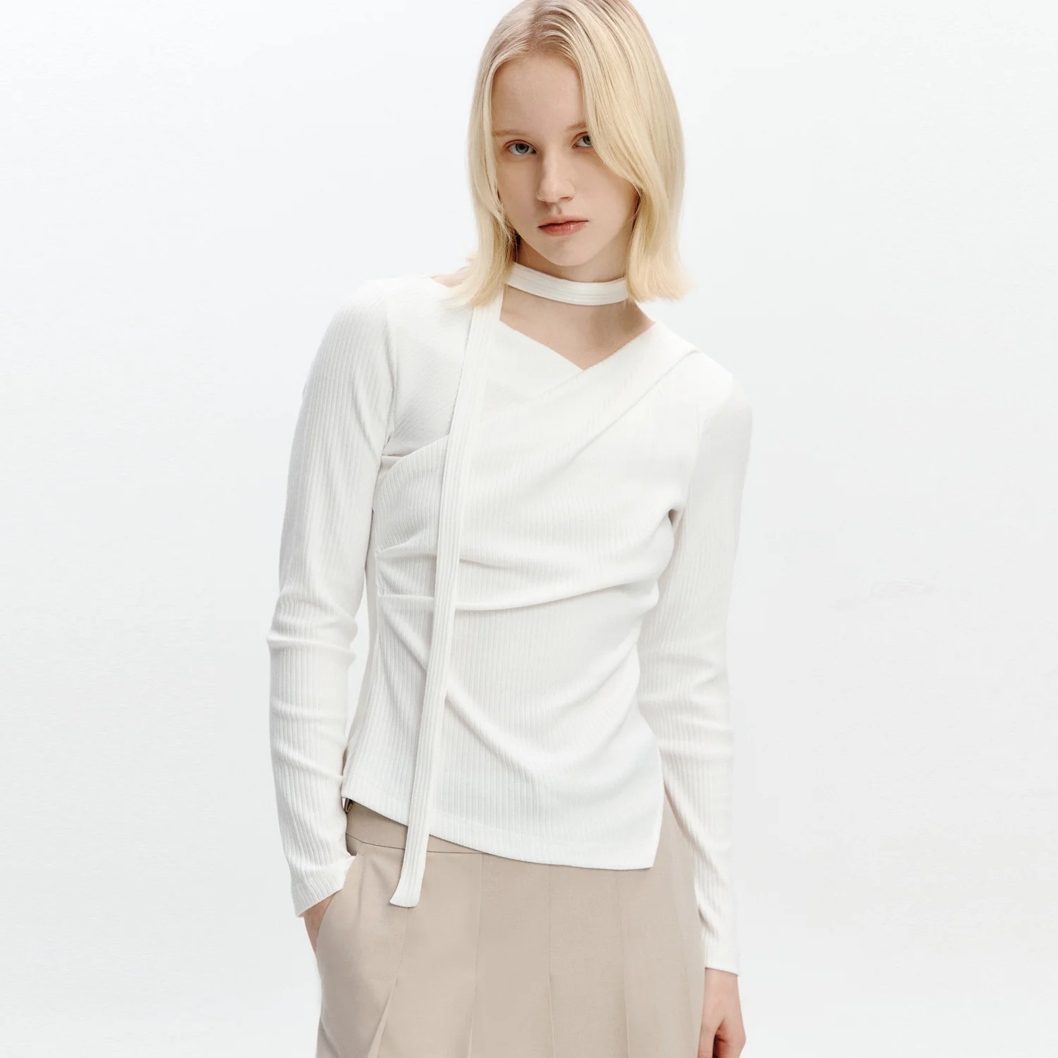 Unbalance Draped Wrap T-blouse OFF WHITE