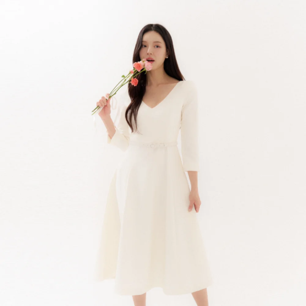 Deep V-neck Flare Dress/ Ivory
