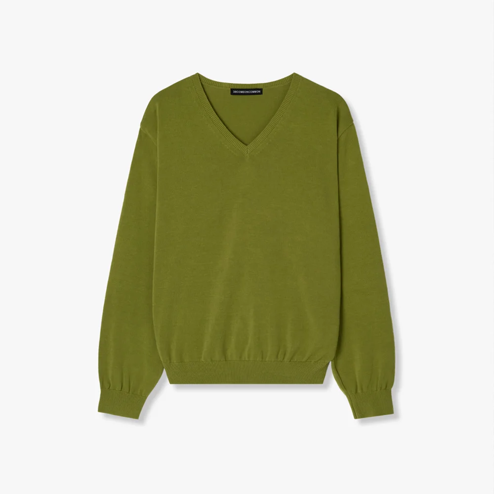 Regular Cotton V-Neck Knit (Olive)
