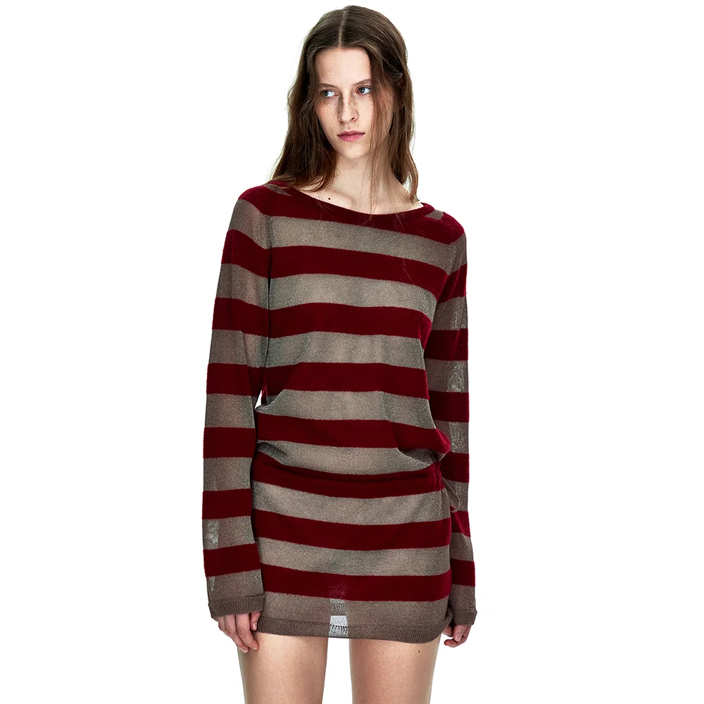 METALLIC STRIPE KNIT DRESS_burgundy