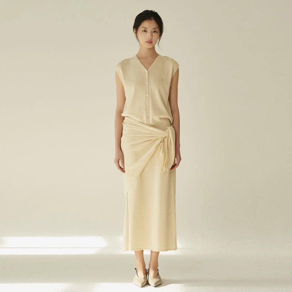 亞麻 無袖 開襟外套 + 半身裙 + SCHOLL - 淺米色 / Linen Sleeveless Cardigan + Skirt + Shawl - L.Beige