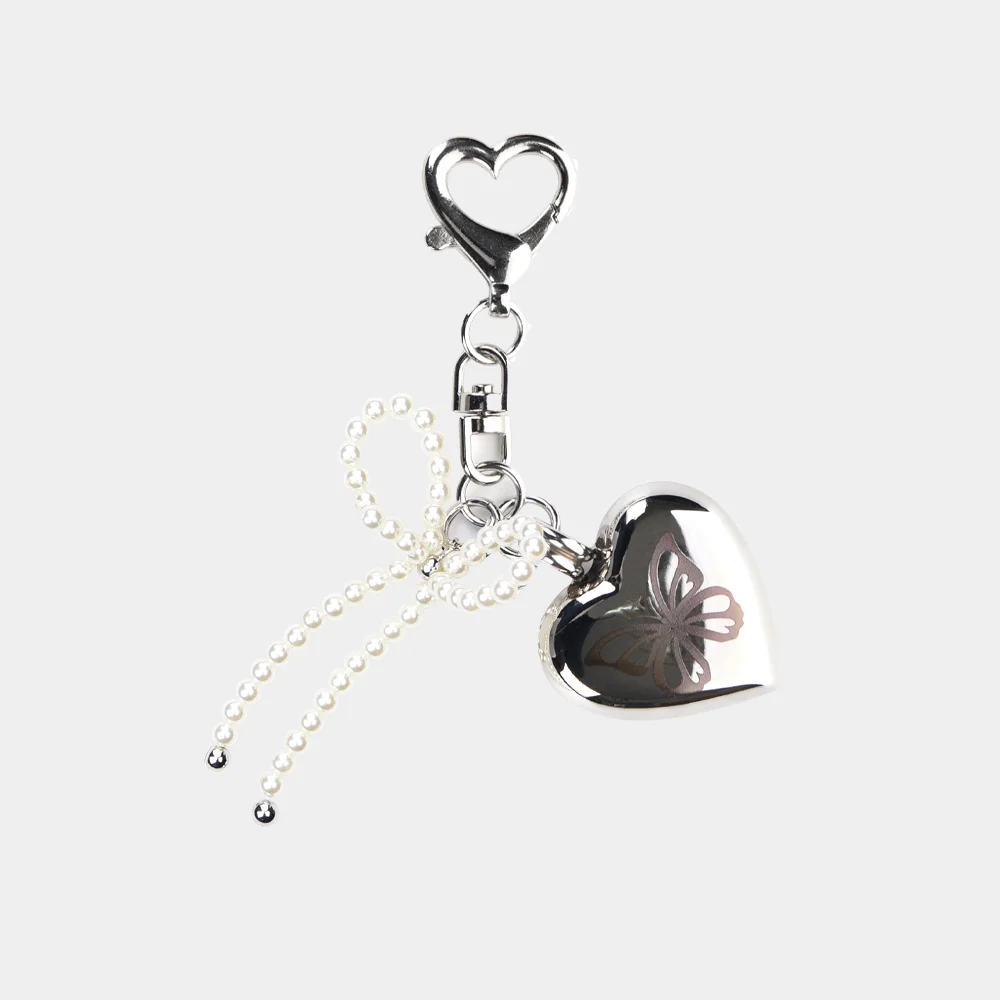 HEART BUTTERFLY LOGO PEARL RIBBON KEYRING_SILVER