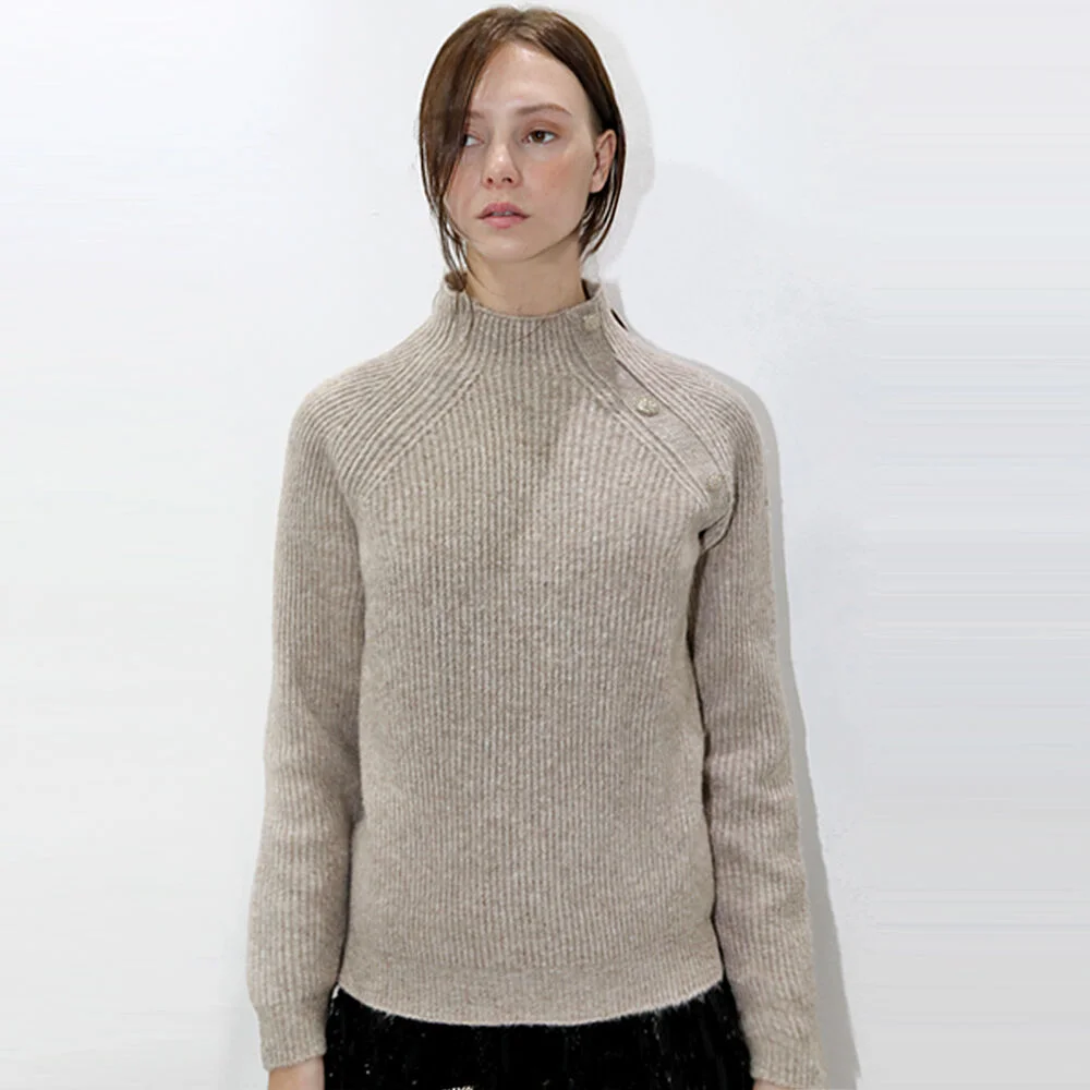 鈕扣 插肩 米色 針織衫_ Button Raglan BE NT