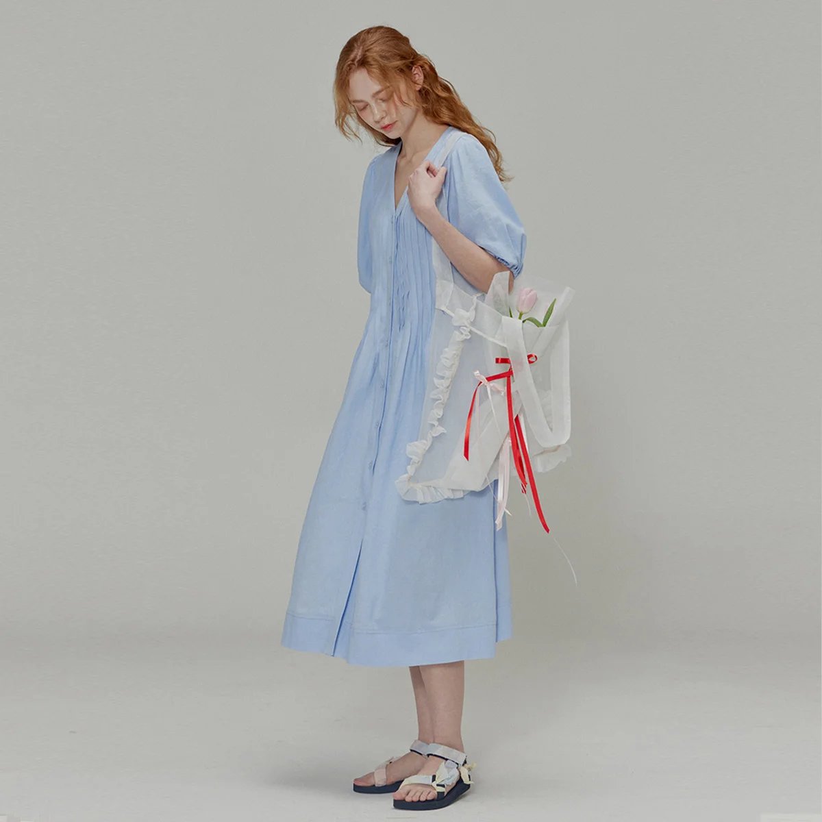 Linen Pleated Dress_Blue