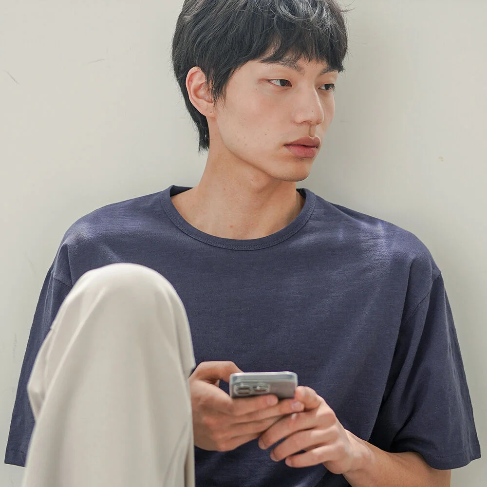 竹節紗 半U領 短袖T恤 海軍藍 OYST2636