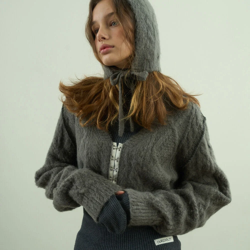 Cable knit Cropped Cardigan / Darkgray