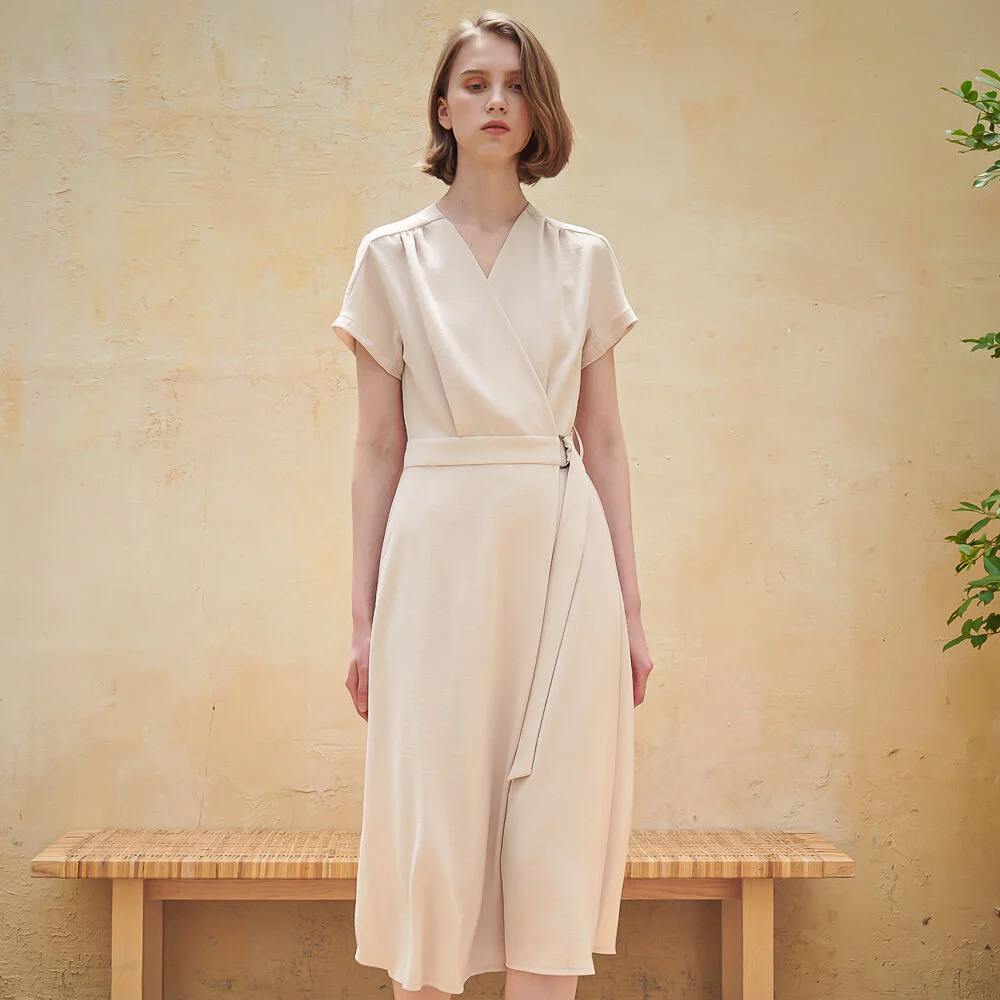 Marta Half Sleeve Wrap One-Piece_Beige