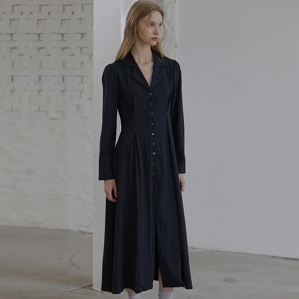 Classic Open Collar Long Dress