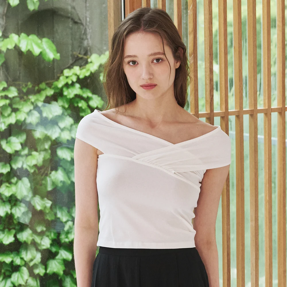 露肩 抽褶 T恤 - 白色 / Off Shoulder Shirring T-Shirts - White