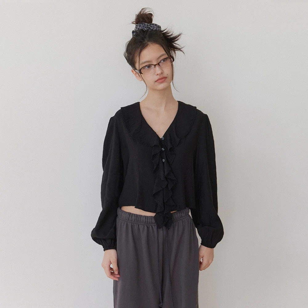 cascade ruffle blouse - black