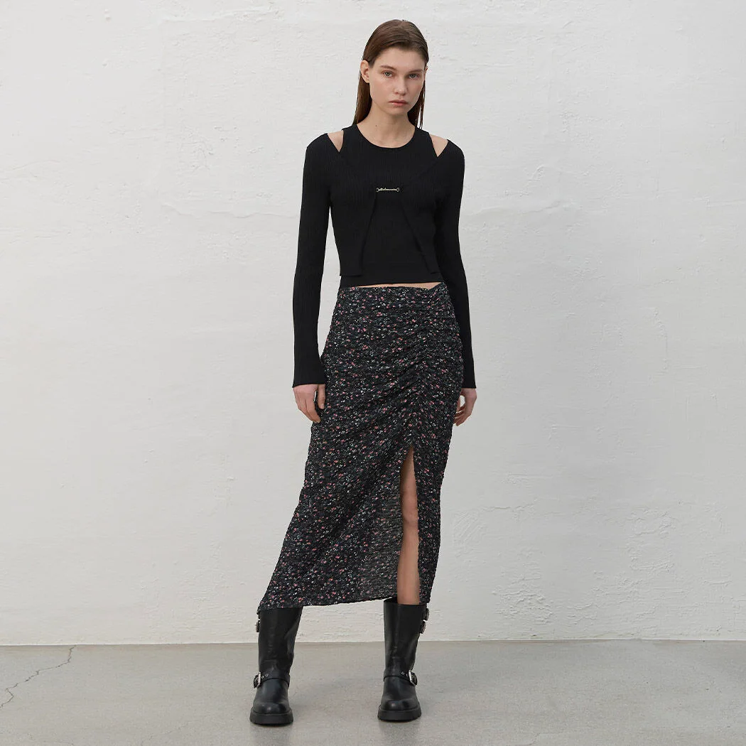 SMILE SHIRRING PRINT SKIRT(SK-4915)