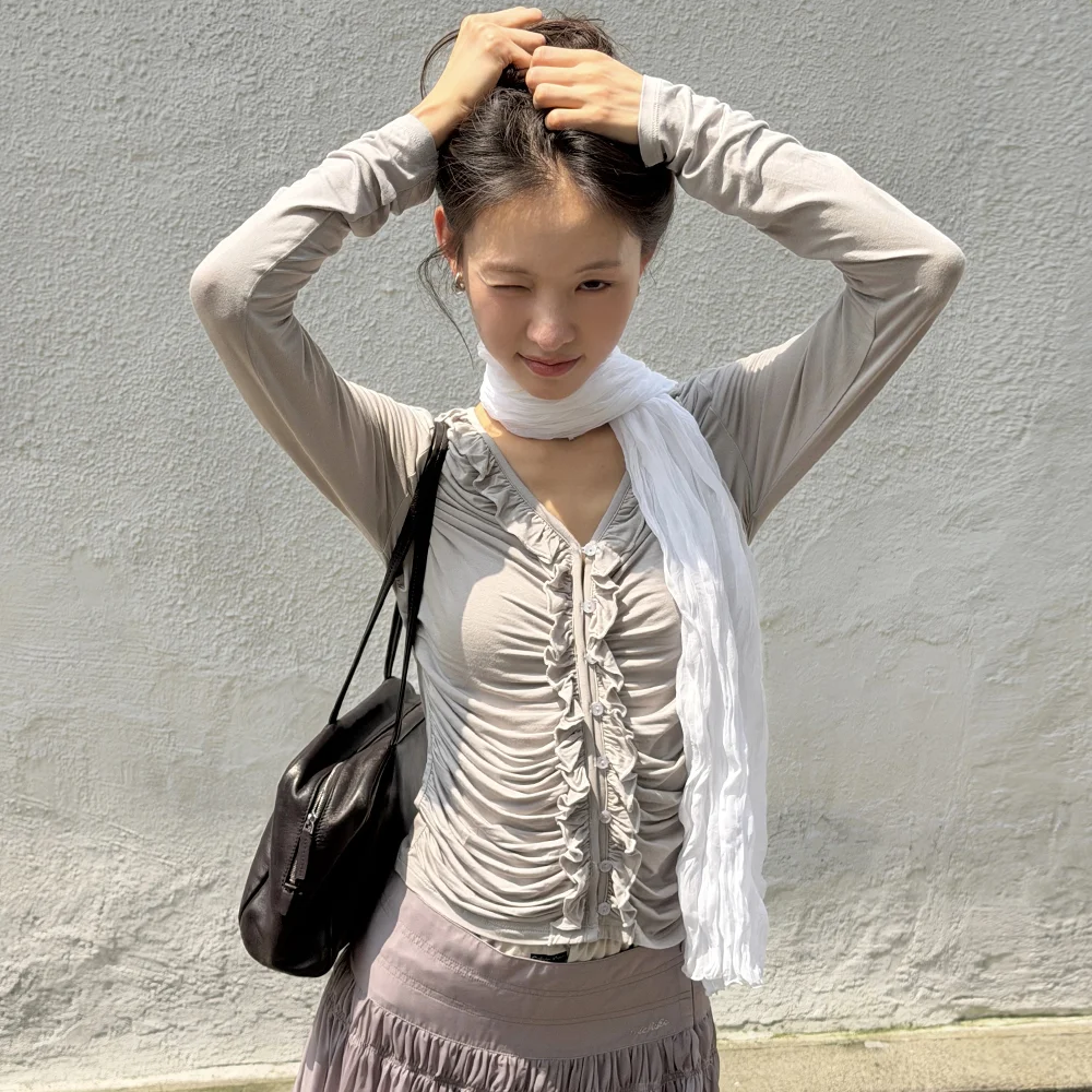 Ruffled Shirring Button Top Ash