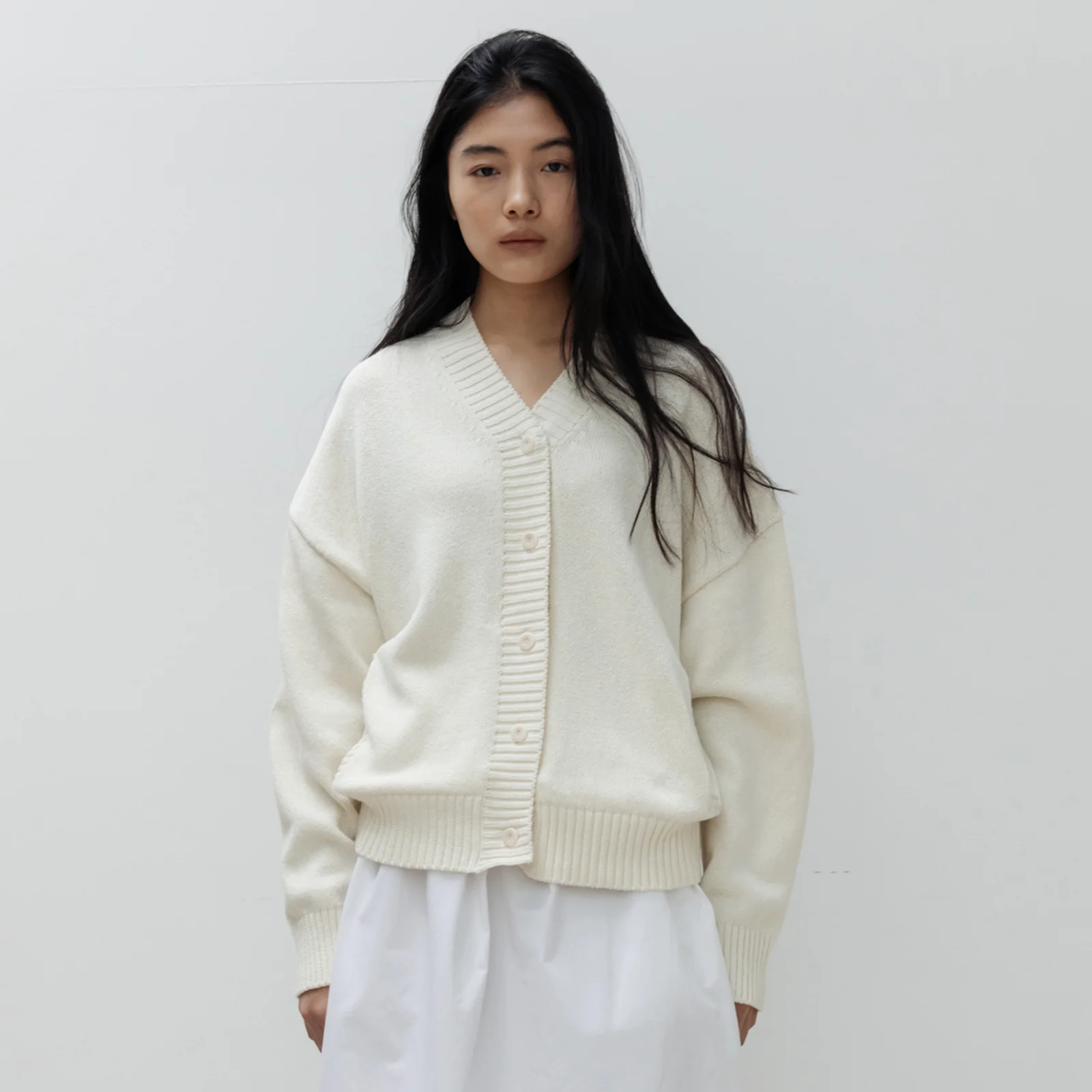 Cotton V-Neck Button Cardigan (Cream)