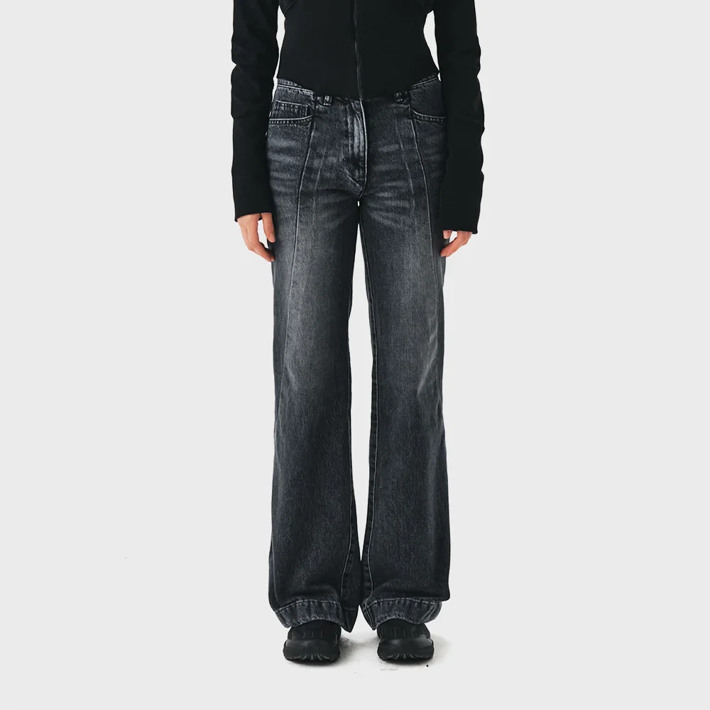 WOMENS DIAGONAL CUT DENIM BOOTCUT PANTS (BLACK)