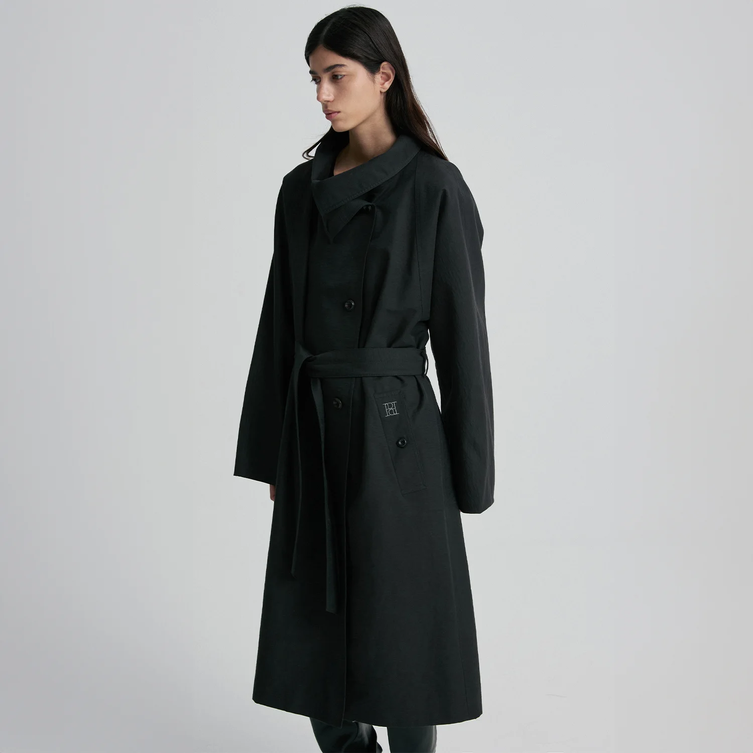 FUNNEL NECK BELTED TRENCH COAT BLACK