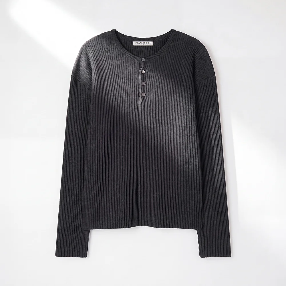 Textured Ribbed Cotton Henleyneck CHARCOAL