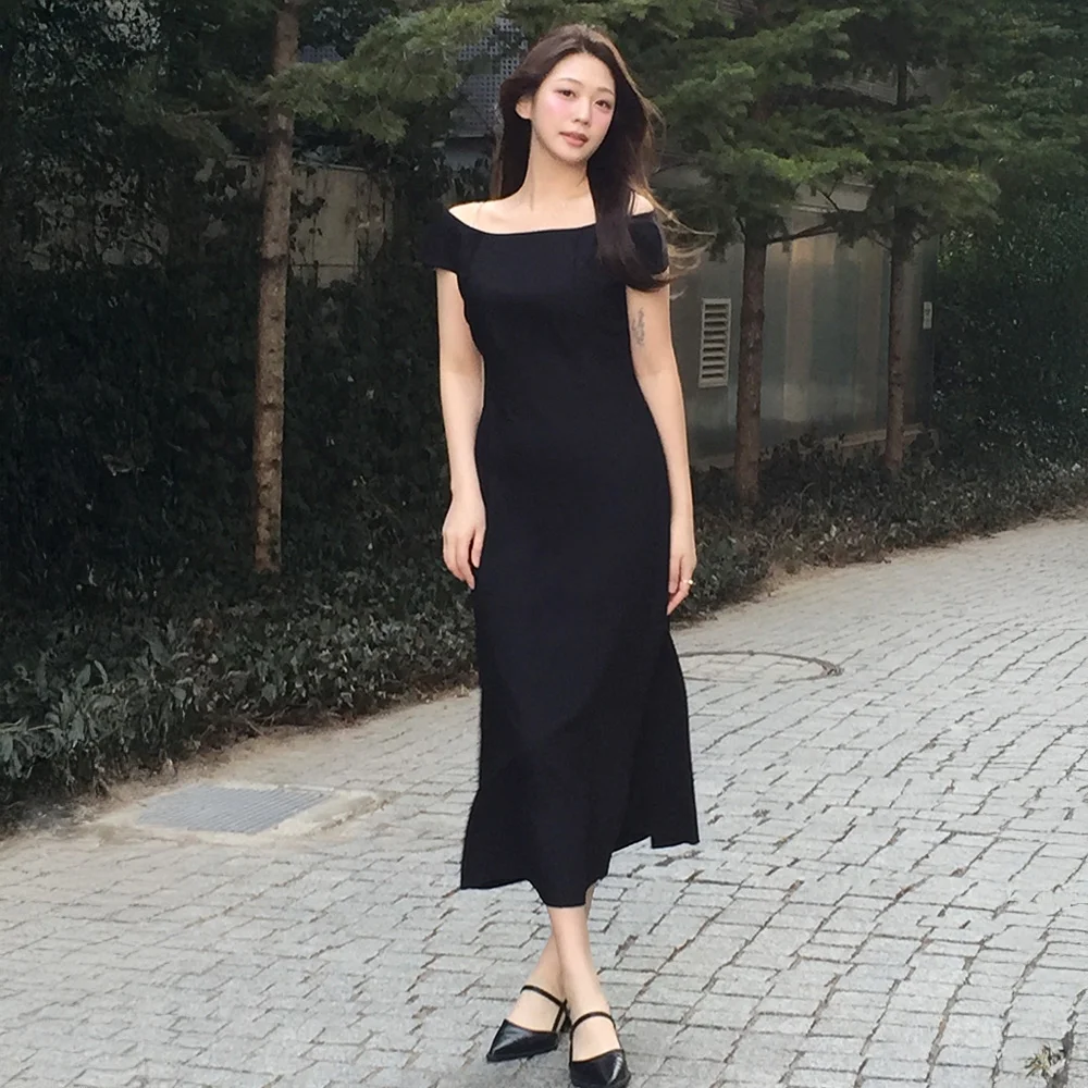 Tulip off shoulder mermaid long dress - black