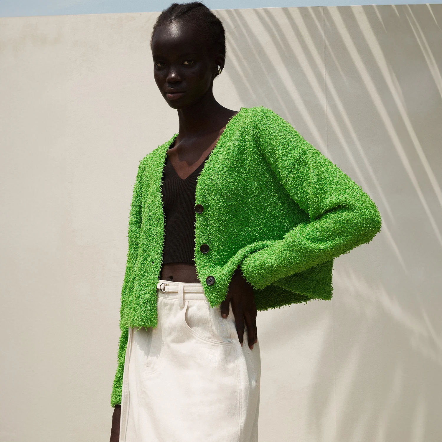 BUTTON DOWN FUZZY KNIT CARDIGAN APPLE GREEN