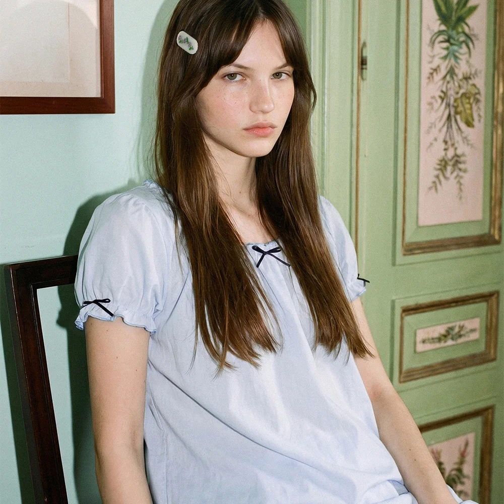 Ribbon Puff Sleeve Pajama Top (Blue)