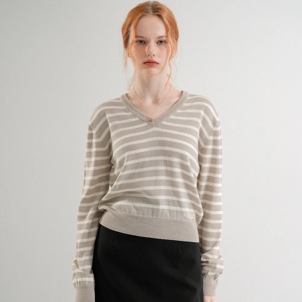 Premium Anti-filling Wool V-neck Striped Knit (Gray_beige)