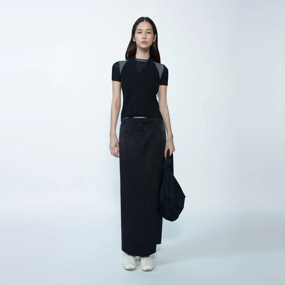 Velvet Satin Long Skirt Black(AG5727A045)
