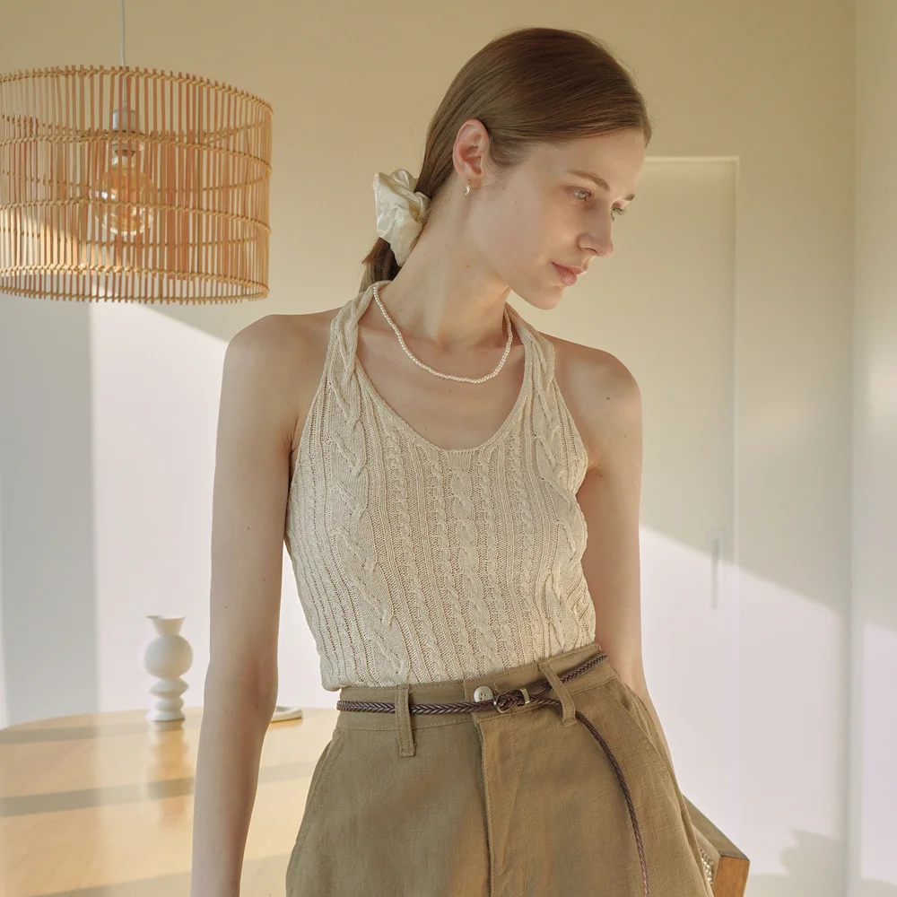 Halter Neck Cable Detail Linen Knit Sleeveless (linen)