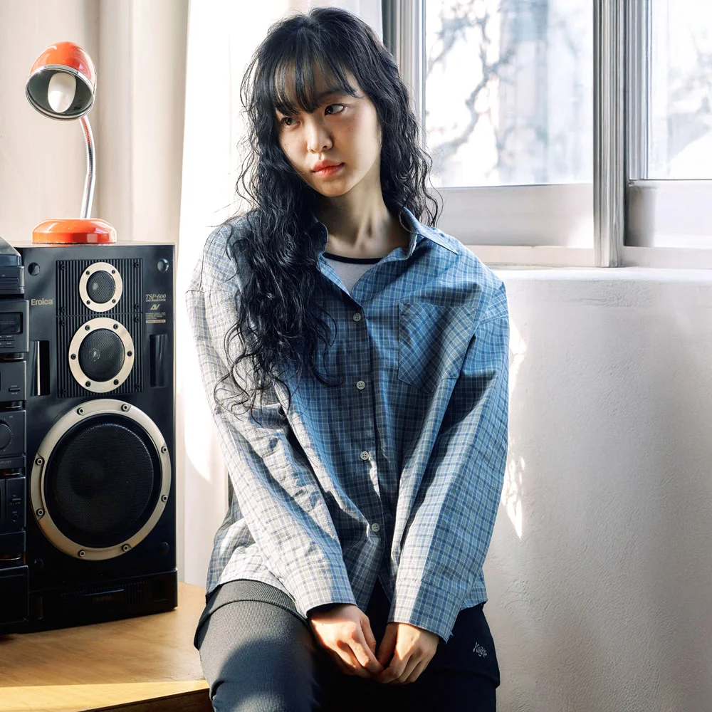 ke204-Overfit Check Shirt Blue Green