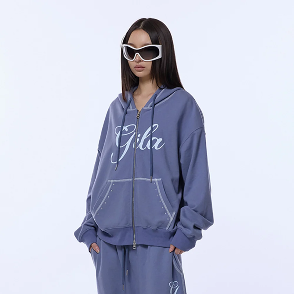 STITCHED SMALL LOGO HOOD ZIP-UP_BLUE