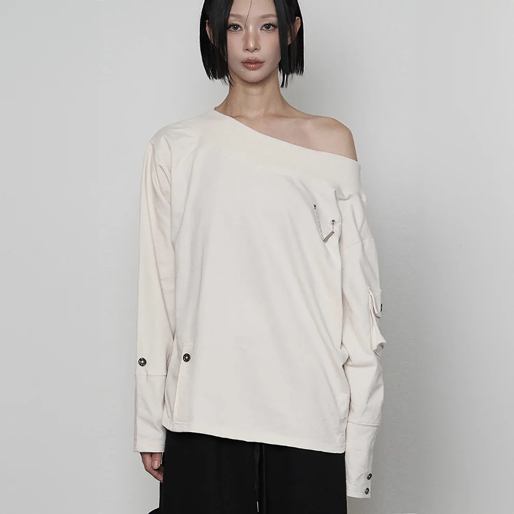 One-shoulder Pocket Button Slit Overfit Long Sleeve (CREAM)
